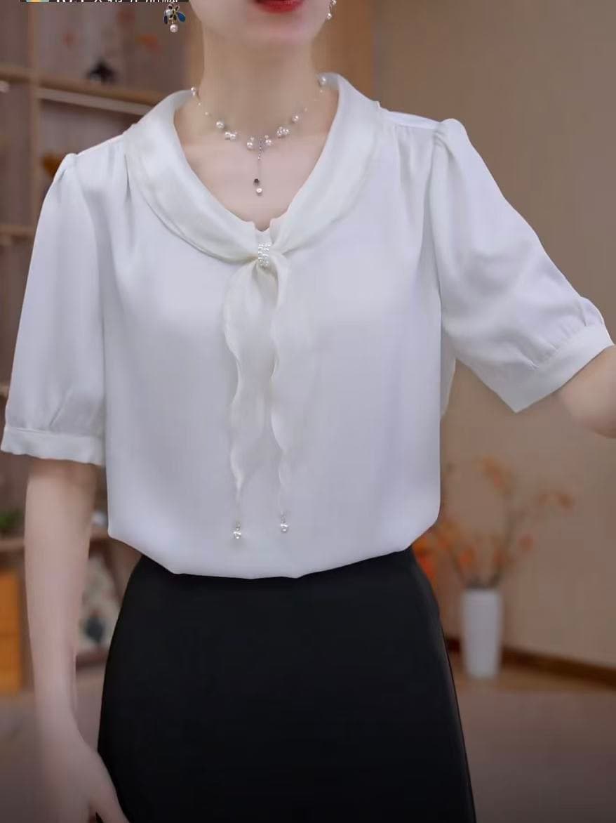여름 새로운 작은 V넥 단색 외국 가스 패션 슬림해 보이는 다용도 여성 셔츠 상세 이미지 3