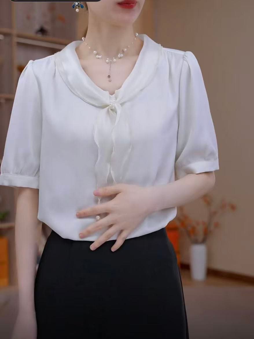 여름 새로운 작은 V넥 단색 외국 가스 패션 슬림해 보이는 다용도 여성 셔츠 상세 이미지 5