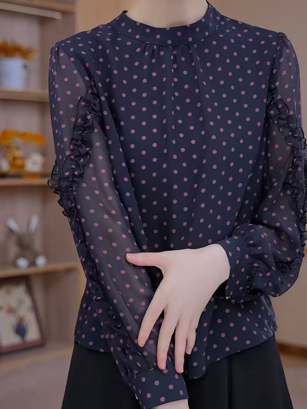 이른 가을 새로운 라운드 넥 도트 무늬 꽃무늬 외국 가스 패션 다용도 여성 셔츠 이미지 4