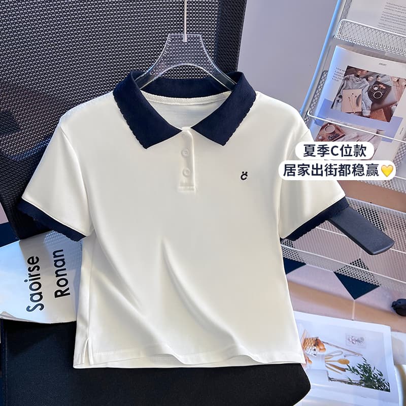실사 2025 년 여름 새로운 여성 의류 루즈핏 POLO 셔츠 반팔 티셔츠 고유 한 Chic 작은 대중 디자인 센스 이미지 2