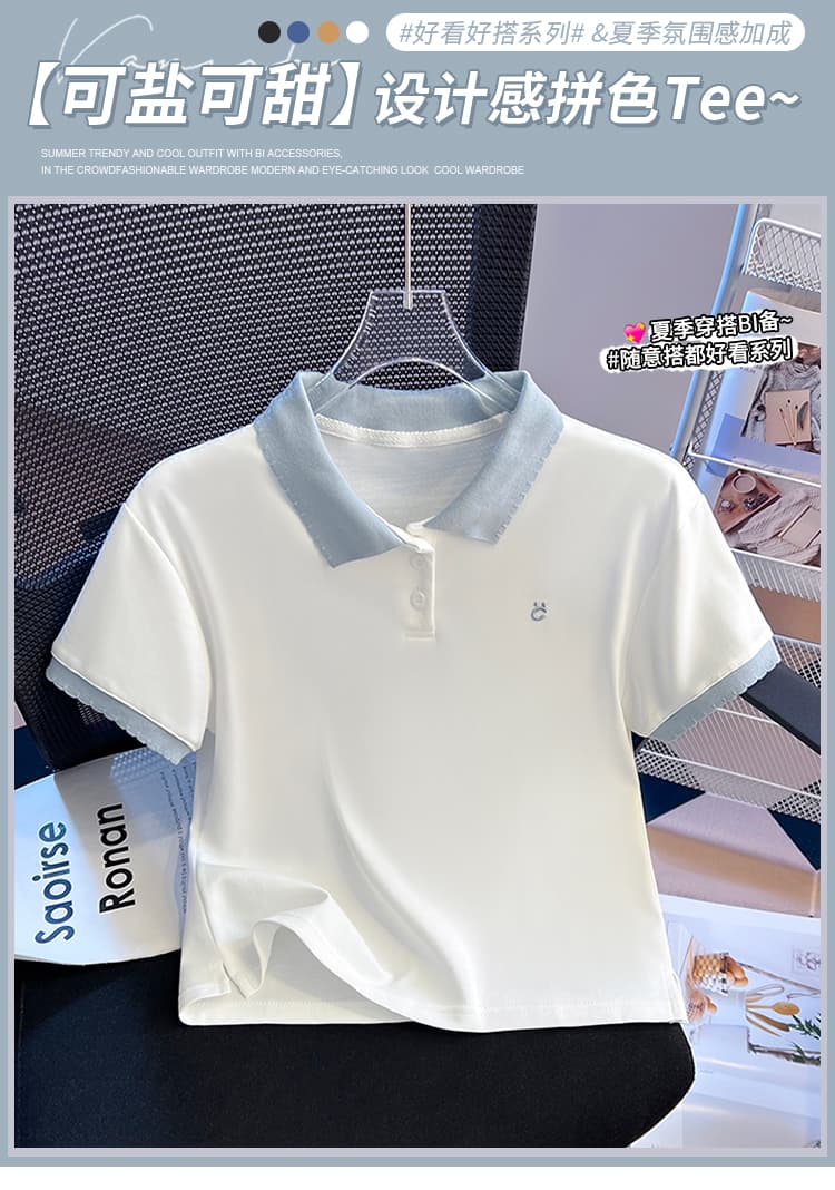 실사 2025 년 여름 새로운 여성 의류 루즈핏 POLO 셔츠 반팔 티셔츠 고유 한 Chic 작은 대중 디자인 센스 상세 이미지 1