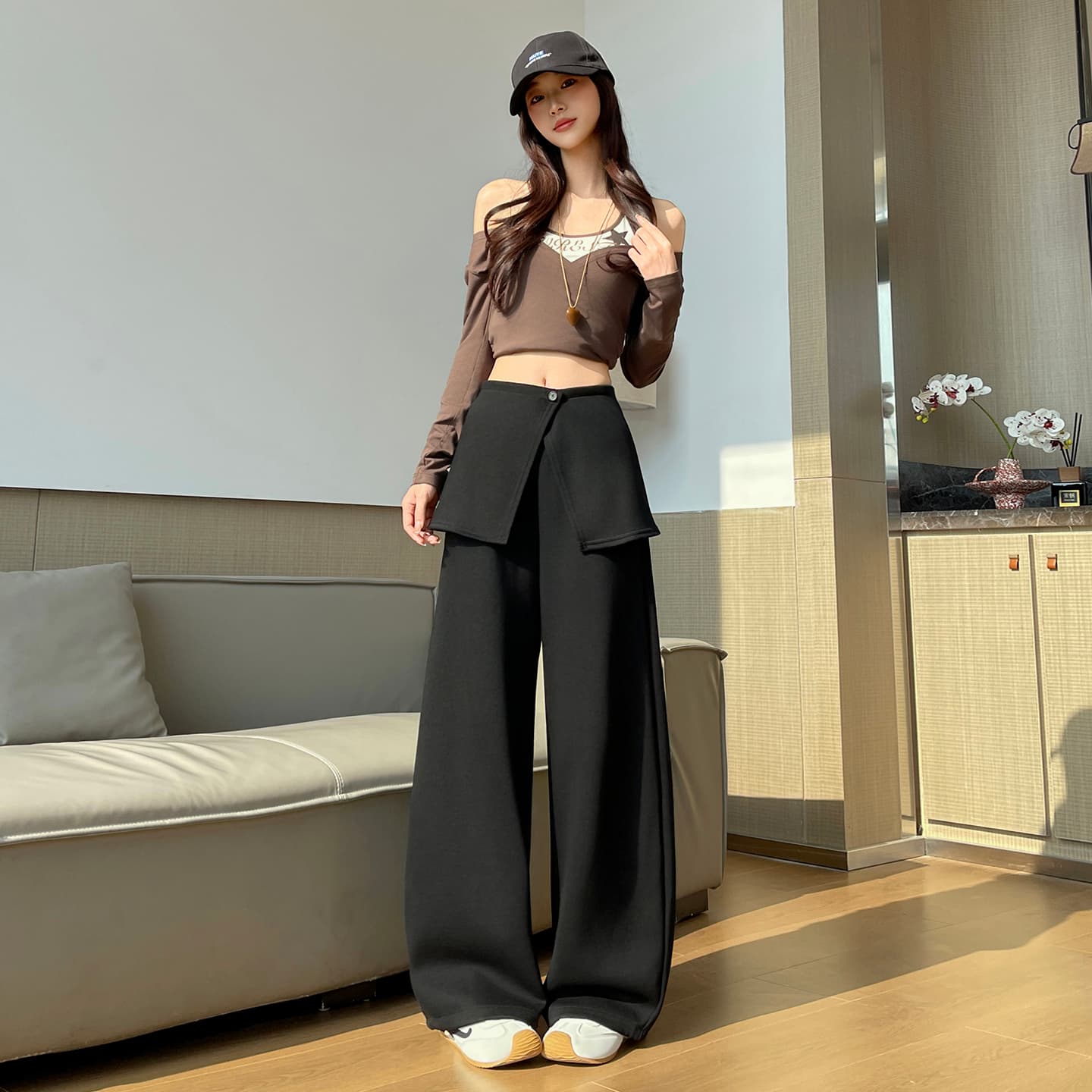 실사 2026 년 한 부서 패션 넓은 다리 모통이 칼 바지 하이웨이스트 디스플레이 농땡이 부리다 랩스커트팬츠 바지 둘 착용 캐주얼 긴 바지 이미지 4