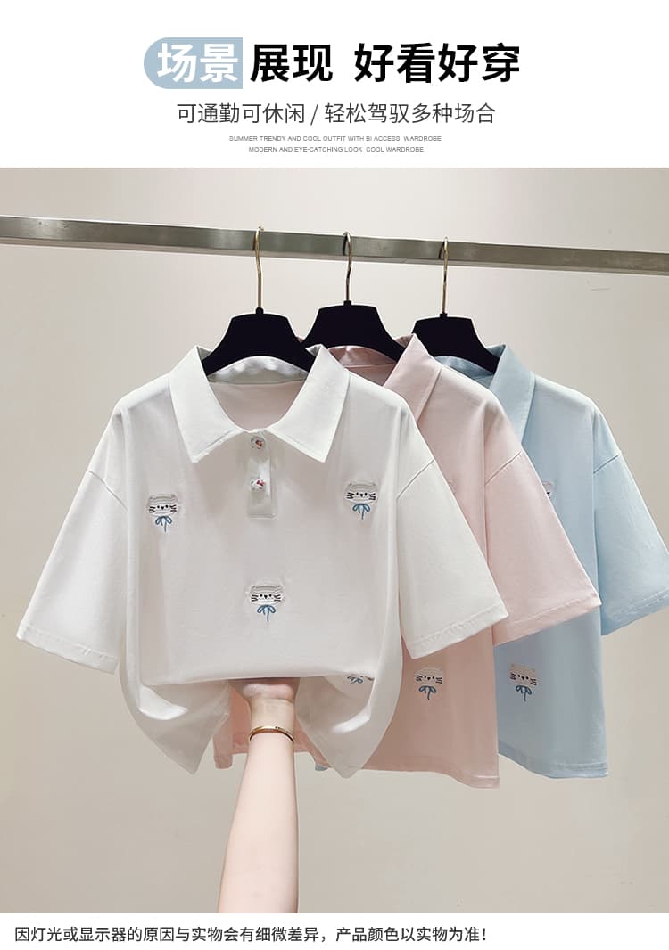 실사 2026 년 이른 봄 새로운 여성 의류 티셔츠 자수 폴로 칼라 반팔 POLO 셔츠 루즈핏 연령 감소 작은 키 상세 이미지 12