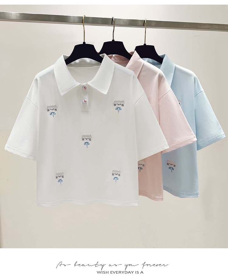 실사 2026 년 이른 봄 새로운 여성 의류 티셔츠 자수 폴로 칼라 반팔 POLO 셔츠 루즈핏 연령 감소 작은 키 상세 이미지 13