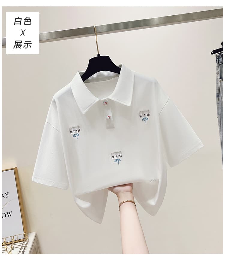 실사 2026 년 이른 봄 새로운 여성 의류 티셔츠 자수 폴로 칼라 반팔 POLO 셔츠 루즈핏 연령 감소 작은 키 상세 이미지 14