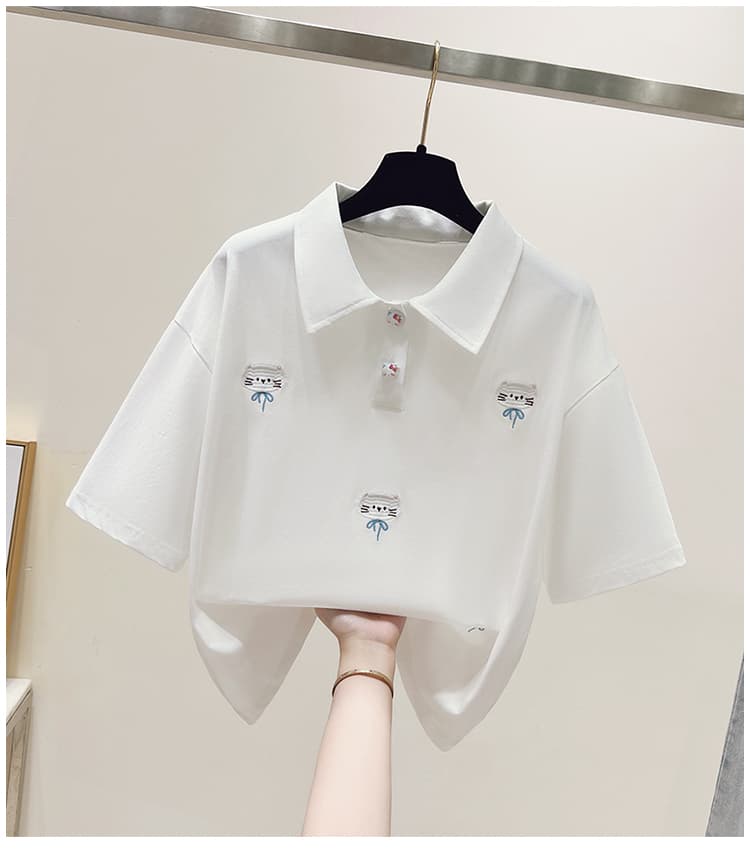 실사 2026 년 이른 봄 새로운 여성 의류 티셔츠 자수 폴로 칼라 반팔 POLO 셔츠 루즈핏 연령 감소 작은 키 상세 이미지 15