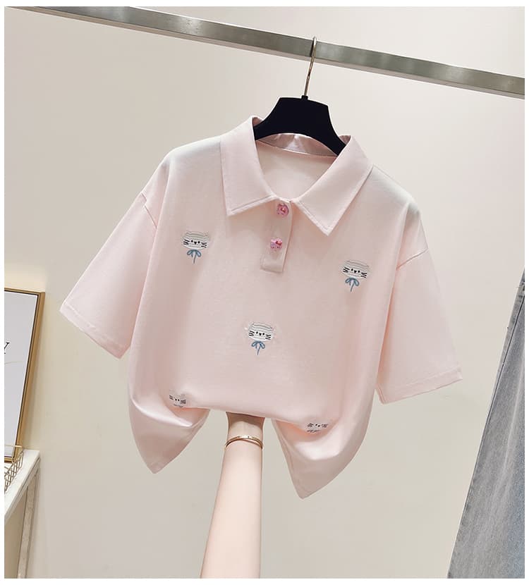 실사 2026 년 이른 봄 새로운 여성 의류 티셔츠 자수 폴로 칼라 반팔 POLO 셔츠 루즈핏 연령 감소 작은 키 상세 이미지 21