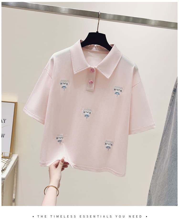실사 2026 년 이른 봄 새로운 여성 의류 티셔츠 자수 폴로 칼라 반팔 POLO 셔츠 루즈핏 연령 감소 작은 키 상세 이미지 24