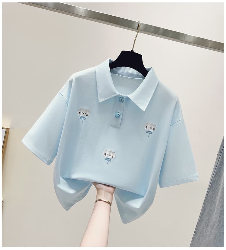 실사 2026 년 이른 봄 새로운 여성 의류 티셔츠 자수 폴로 칼라 반팔 POLO 셔츠 루즈핏 연령 감소 작은 키 상세 이미지 26
