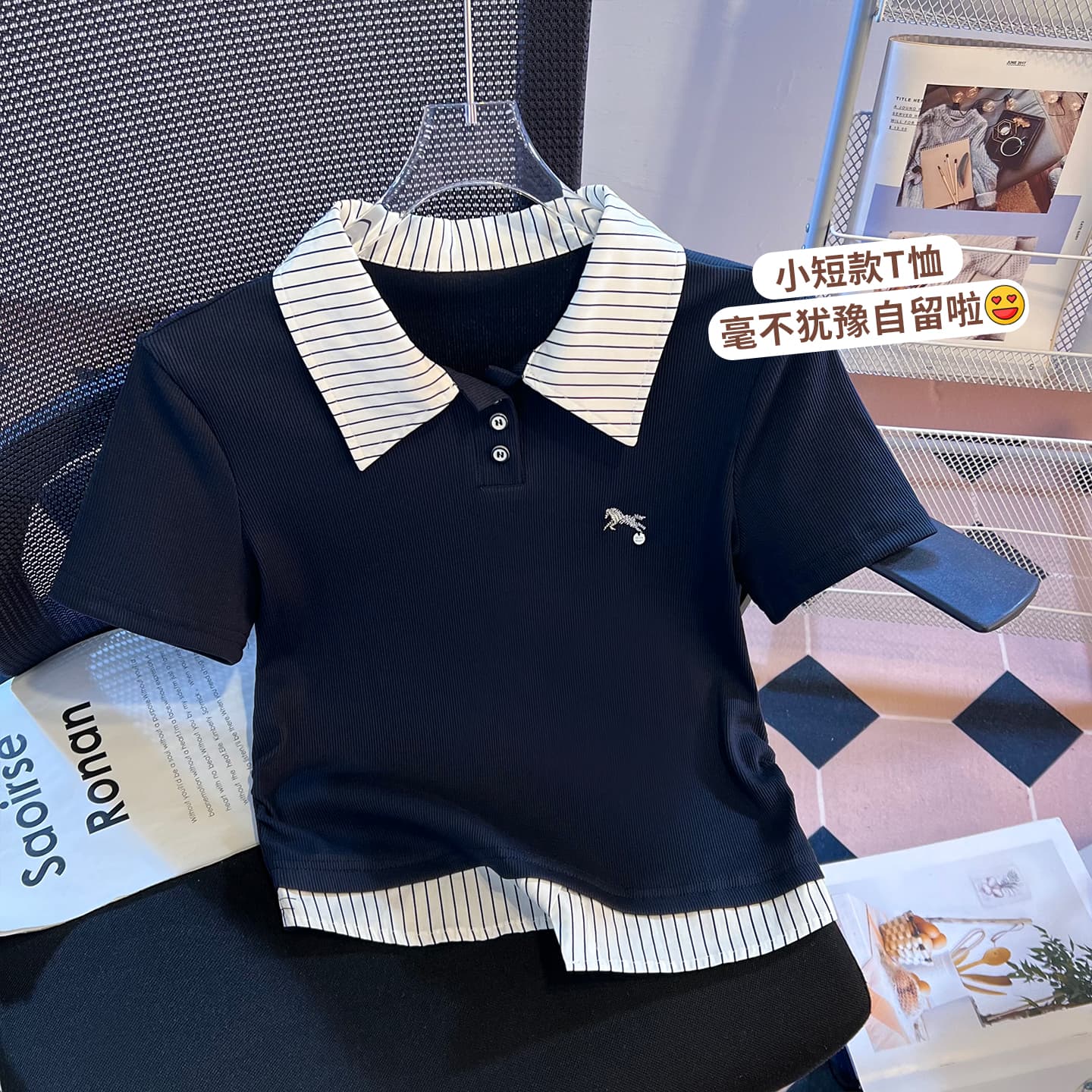 실사 2026 년 여름 새로운 여성 의류 티셔츠 페이크 레이어드 패치워크 POLO 칼라 반팔 작은 대중 디자인 센스 몸매 가꾸기 이미지 2