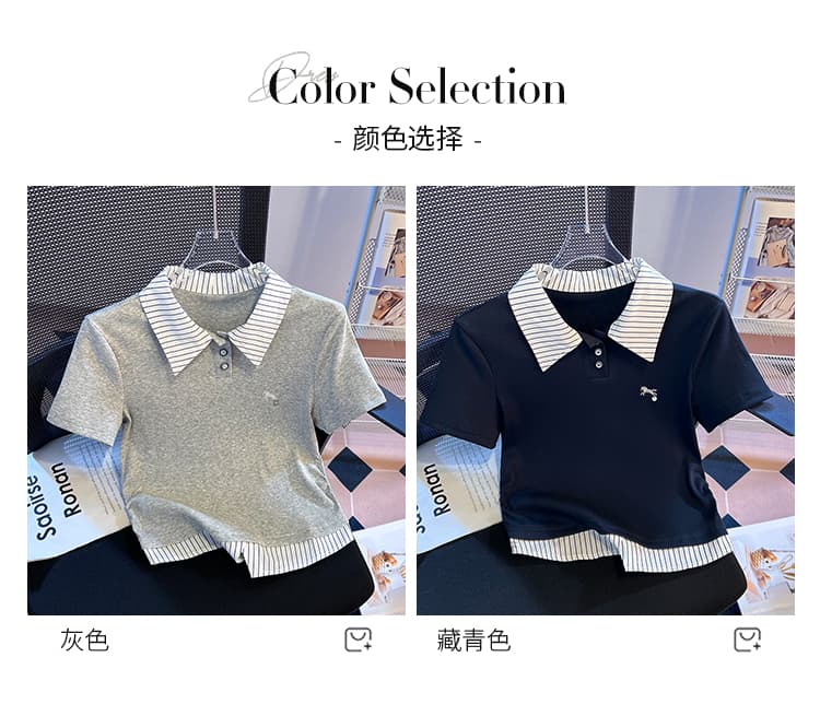 실사 2026 년 여름 새로운 여성 의류 티셔츠 페이크 레이어드 패치워크 POLO 칼라 반팔 작은 대중 디자인 센스 몸매 가꾸기 상세 이미지 11