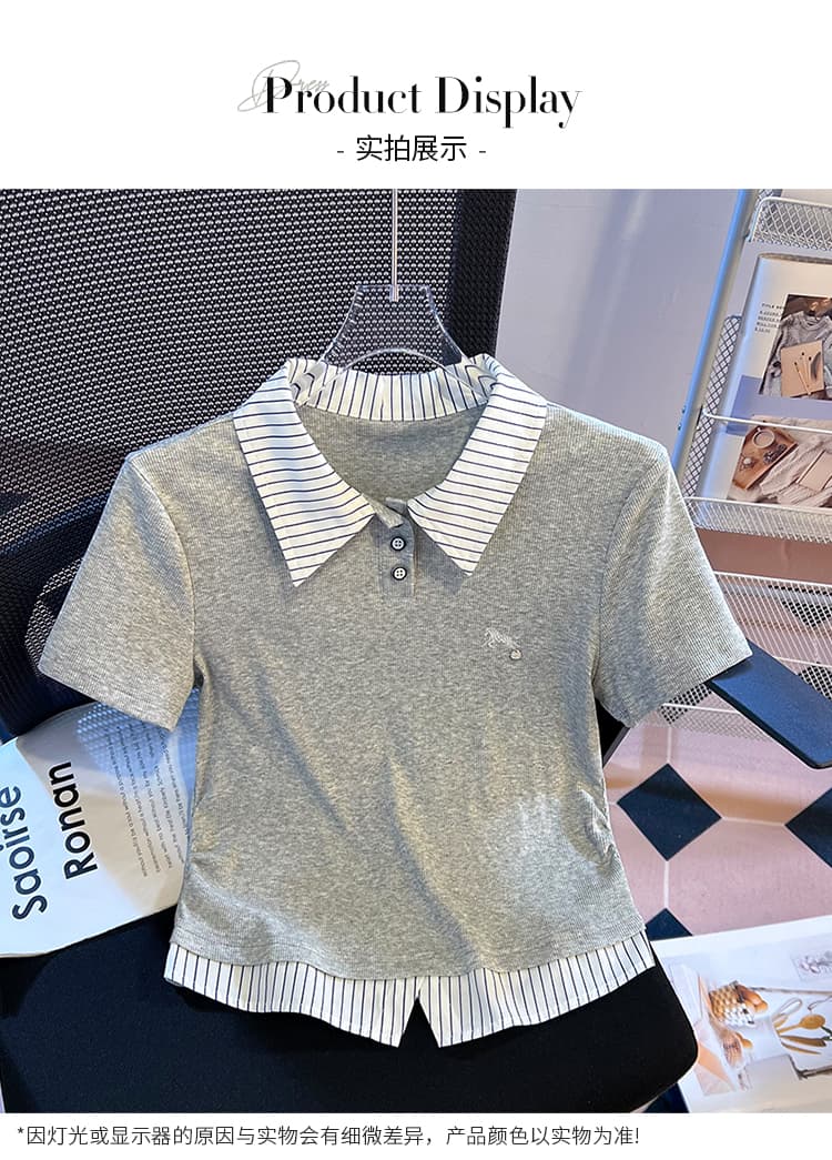 실사 2026 년 여름 새로운 여성 의류 티셔츠 페이크 레이어드 패치워크 POLO 칼라 반팔 작은 대중 디자인 센스 몸매 가꾸기 상세 이미지 12