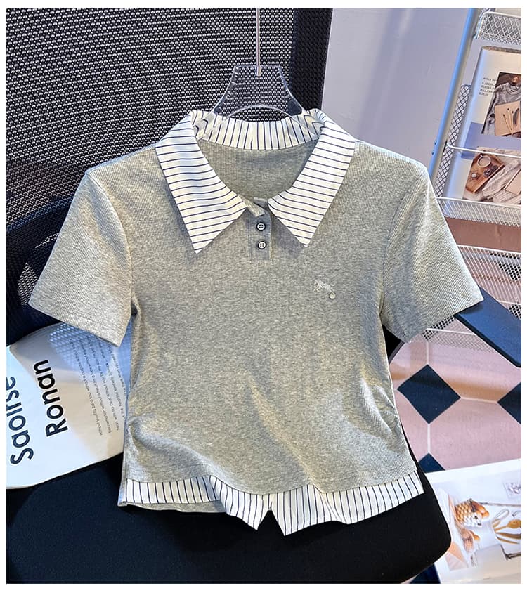 실사 2026 년 여름 새로운 여성 의류 티셔츠 페이크 레이어드 패치워크 POLO 칼라 반팔 작은 대중 디자인 센스 몸매 가꾸기 상세 이미지 13