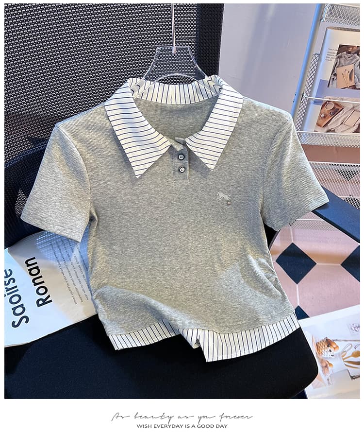 실사 2026 년 여름 새로운 여성 의류 티셔츠 페이크 레이어드 패치워크 POLO 칼라 반팔 작은 대중 디자인 센스 몸매 가꾸기 상세 이미지 14