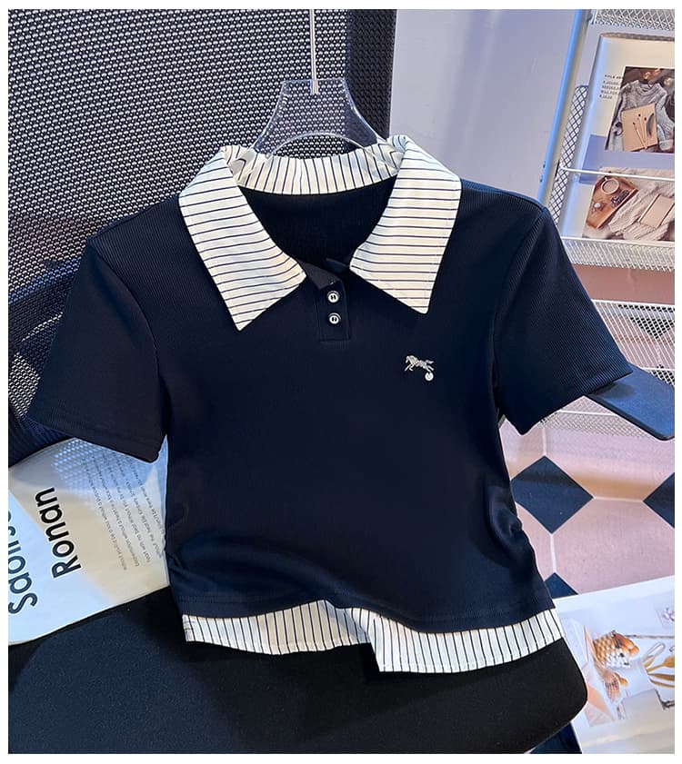 실사 2026 년 여름 새로운 여성 의류 티셔츠 페이크 레이어드 패치워크 POLO 칼라 반팔 작은 대중 디자인 센스 몸매 가꾸기 상세 이미지 18