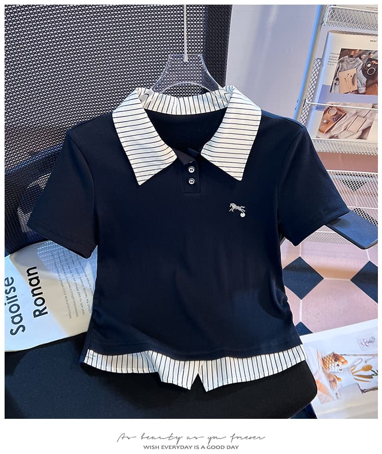 실사 2026 년 여름 새로운 여성 의류 티셔츠 페이크 레이어드 패치워크 POLO 칼라 반팔 작은 대중 디자인 센스 몸매 가꾸기 상세 이미지 19