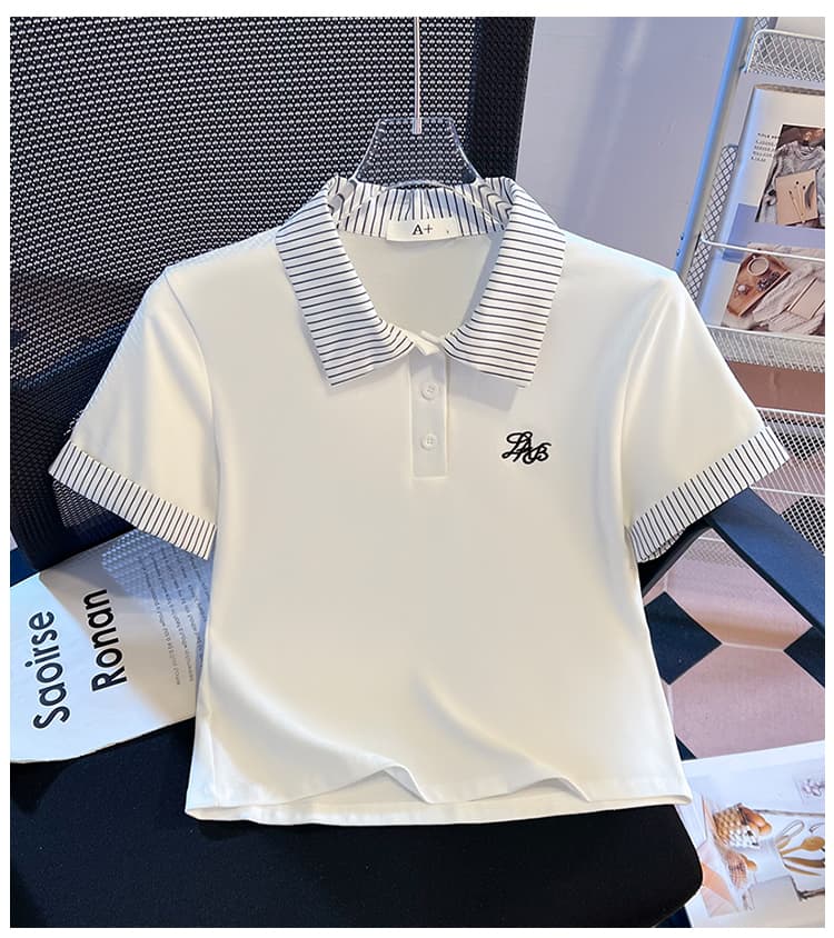 실사 2026 년 여름 새로운 여성 의류 반팔 티셔츠 페이크 레이어드 스트라이프 POLO 칼라 몸매 가꾸기 슬림해 보이는 맨위 상세 이미지 14