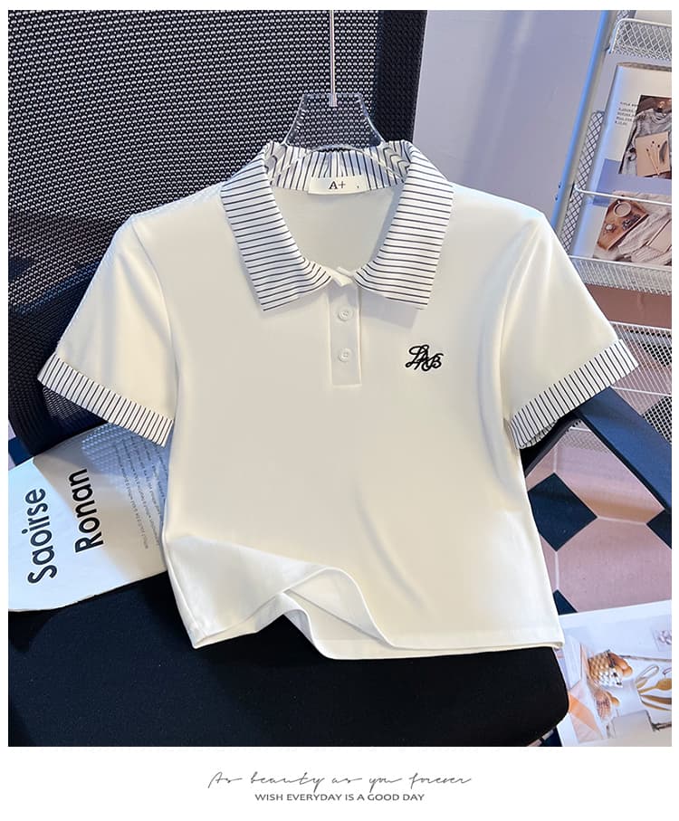 실사 2026 년 여름 새로운 여성 의류 반팔 티셔츠 페이크 레이어드 스트라이프 POLO 칼라 몸매 가꾸기 슬림해 보이는 맨위 상세 이미지 15