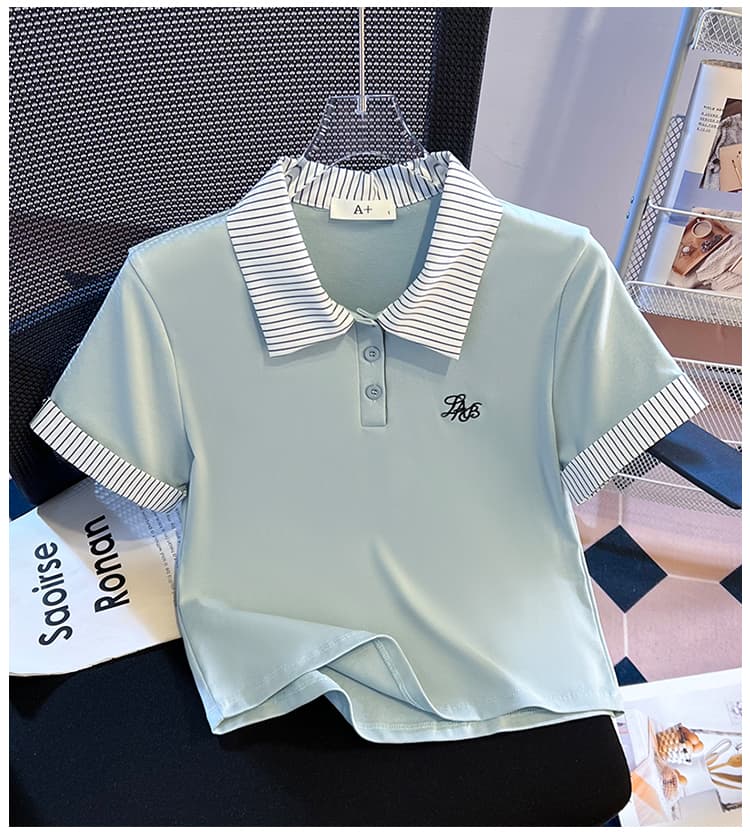 실사 2026 년 여름 새로운 여성 의류 반팔 티셔츠 페이크 레이어드 스트라이프 POLO 칼라 몸매 가꾸기 슬림해 보이는 맨위 상세 이미지 19