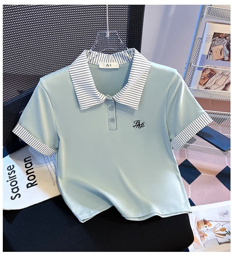 실사 2026 년 여름 새로운 여성 의류 반팔 티셔츠 페이크 레이어드 스트라이프 POLO 칼라 몸매 가꾸기 슬림해 보이는 맨위 상세 이미지 21