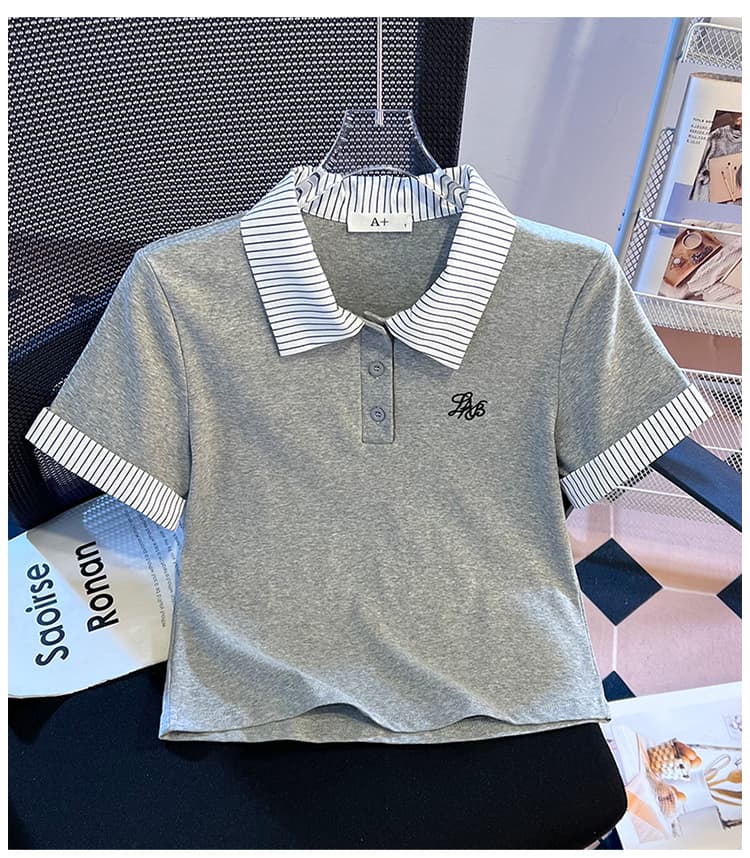 실사 2026 년 여름 새로운 여성 의류 반팔 티셔츠 페이크 레이어드 스트라이프 POLO 칼라 몸매 가꾸기 슬림해 보이는 맨위 상세 이미지 23