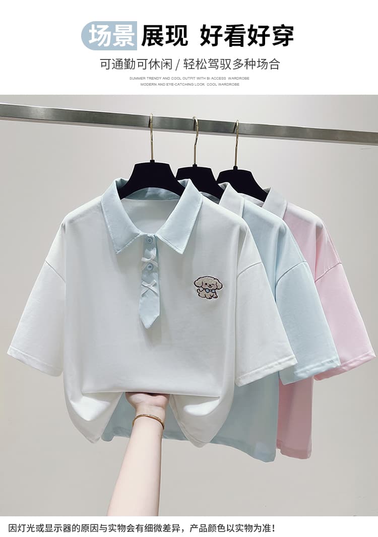 실사 2026 년 여름 새로운 여성 의류 반팔 티셔츠 패치워크 색상 POLO 칼라 학원 스타일 소녀 외국 가스 맨위 상세 이미지 12