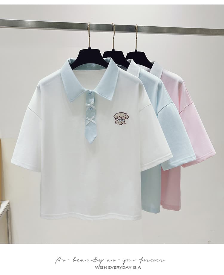 실사 2026 년 여름 새로운 여성 의류 반팔 티셔츠 패치워크 색상 POLO 칼라 학원 스타일 소녀 외국 가스 맨위 상세 이미지 13