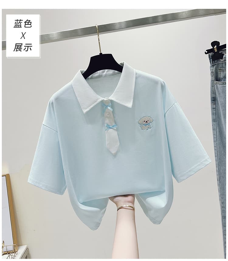 실사 2026 년 여름 새로운 여성 의류 반팔 티셔츠 패치워크 색상 POLO 칼라 학원 스타일 소녀 외국 가스 맨위 상세 이미지 20