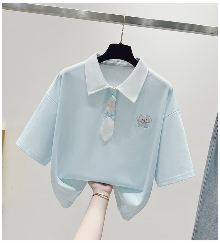 실사 2026 년 여름 새로운 여성 의류 반팔 티셔츠 패치워크 색상 POLO 칼라 학원 스타일 소녀 외국 가스 맨위 상세 이미지 21