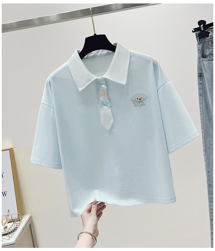 실사 2026 년 여름 새로운 여성 의류 반팔 티셔츠 패치워크 색상 POLO 칼라 학원 스타일 소녀 외국 가스 맨위 상세 이미지 23