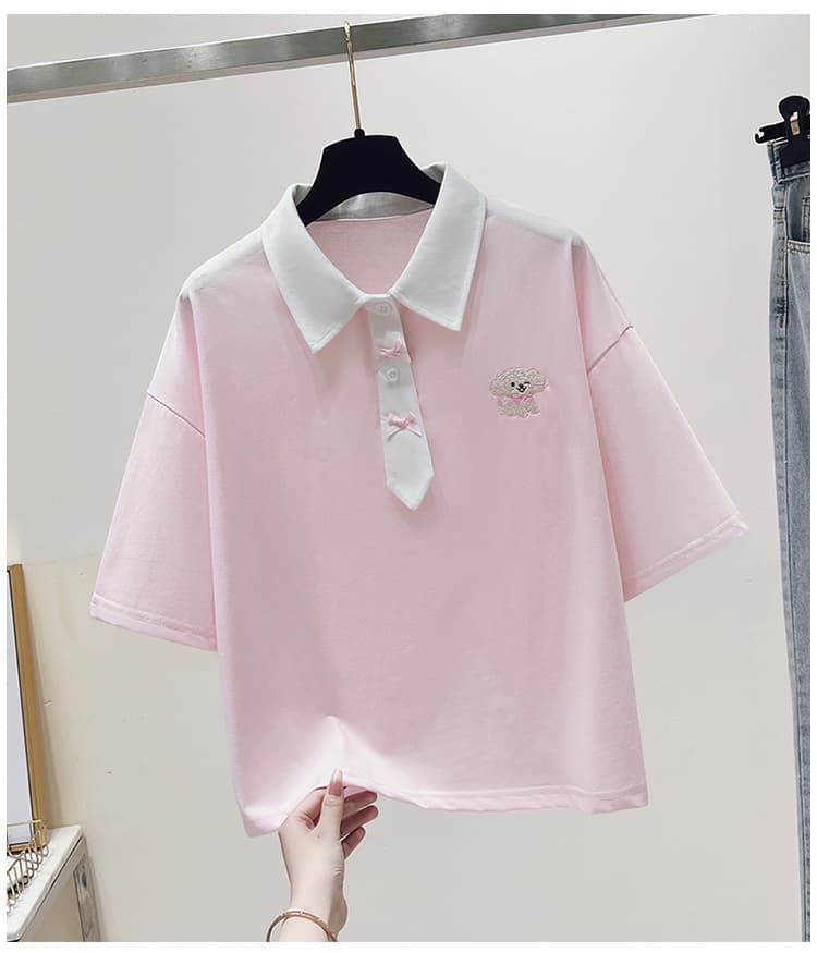 실사 2026 년 여름 새로운 여성 의류 반팔 티셔츠 패치워크 색상 POLO 칼라 학원 스타일 소녀 외국 가스 맨위 상세 이미지 28