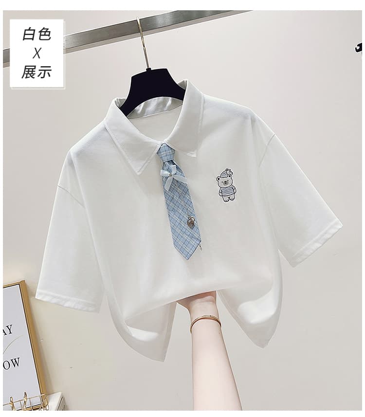 실사 2026 년 여름 새로운 여성 의류 반팔 티셔츠 학원 스타일 나비 매듭 넥타이 POLO 칼라 자수 맨위 상세 이미지 14