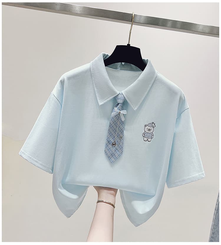 실사 2026 년 여름 새로운 여성 의류 반팔 티셔츠 학원 스타일 나비 매듭 넥타이 POLO 칼라 자수 맨위 상세 이미지 26