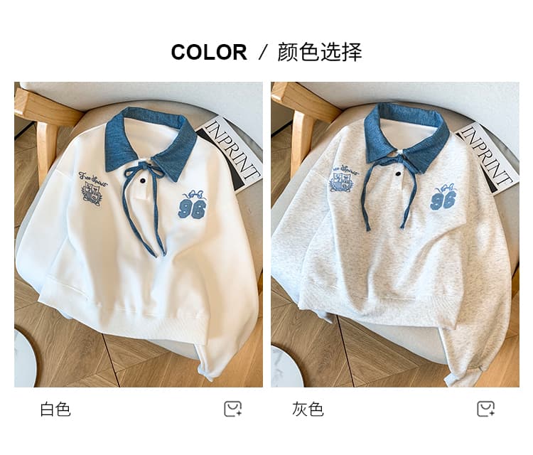 실사 2026 년 가을 새로운 여성 의류 후드티 폴로 칼라 루즈핏 외국 가스 연령 감소 알파벳 자수 레이스업 맨위 상세 이미지 12