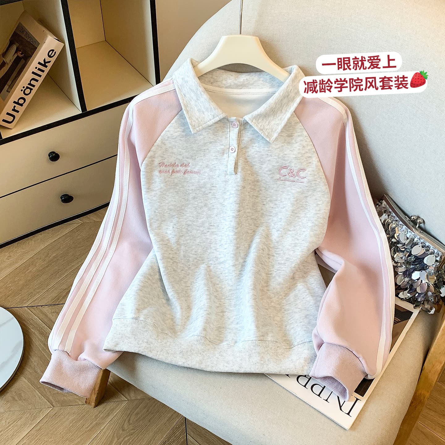 실사 2026 년 가을 새로운 여성 의류 긴팔 후드티 폴로 칼라 polo 삽입 어깨 소매 루즈핏 학생 연령 감소 캐주얼 이미지 4