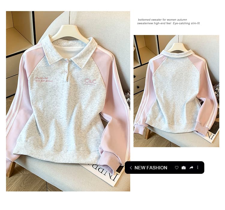 실사 2026 년 가을 새로운 여성 의류 긴팔 후드티 폴로 칼라 polo 삽입 어깨 소매 루즈핏 학생 연령 감소 캐주얼 상세 이미지 5