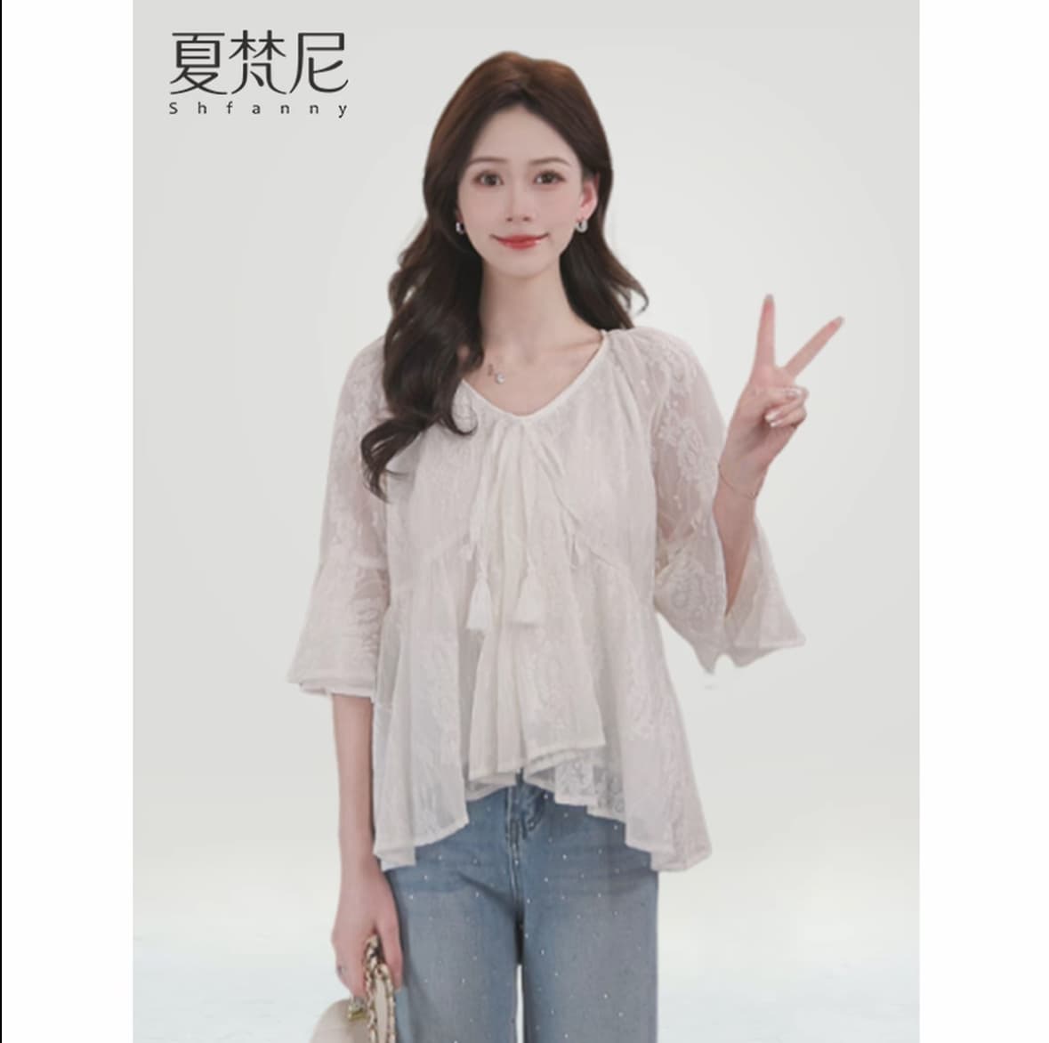 프랑스식 레이스 주간 실크 여성 셔츠 2026 여름 술 로프 나팔 소매 가벼움 통기성 느긋한 맨위 여성 상세 이미지 2