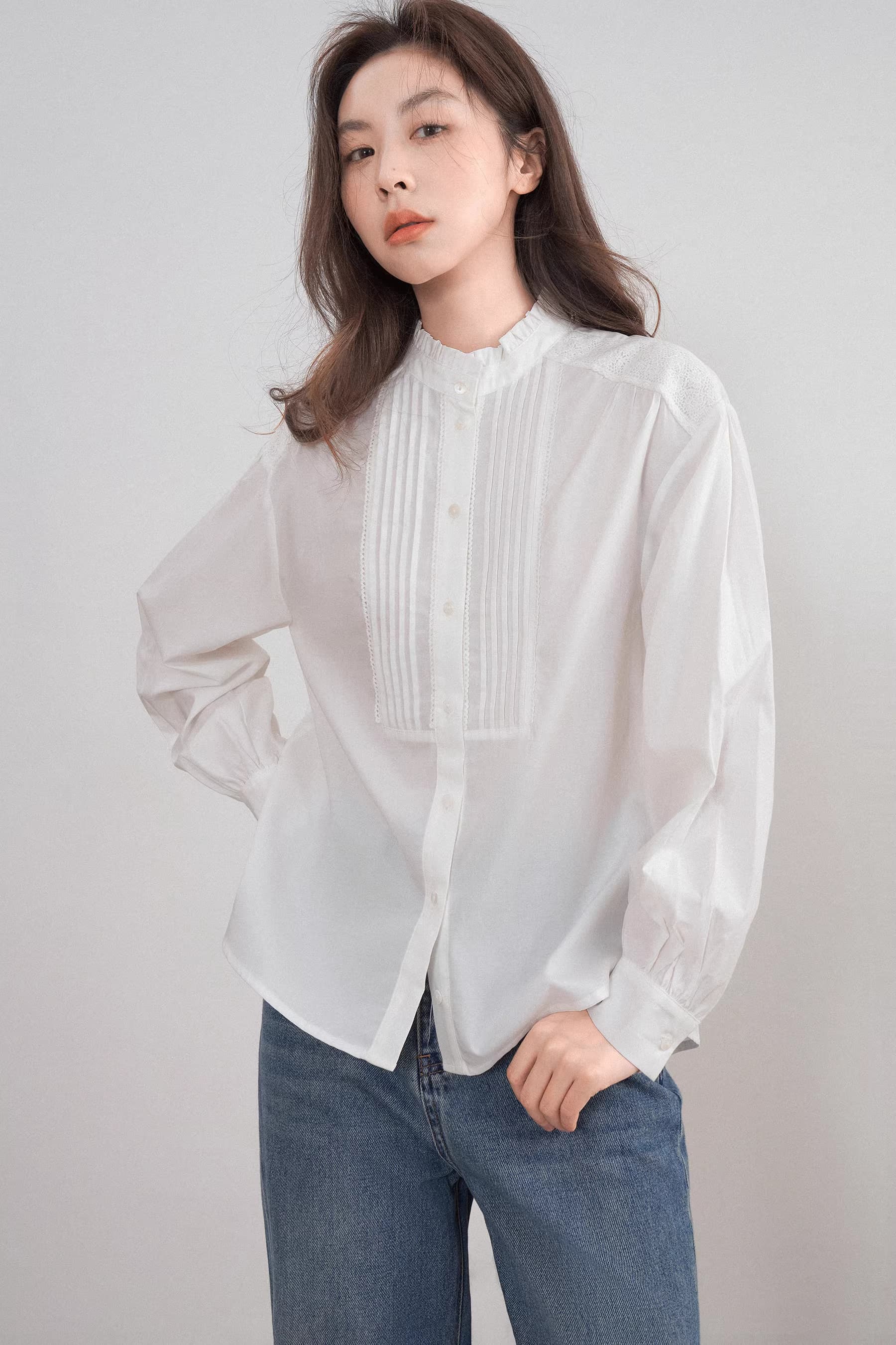 코치 직장 착용 가져 가라. 장기 Pleat 화이트 여성 셔츠 봄 긴팔 레이스 칼라 프랑스식 품격 맨위 이미지 3