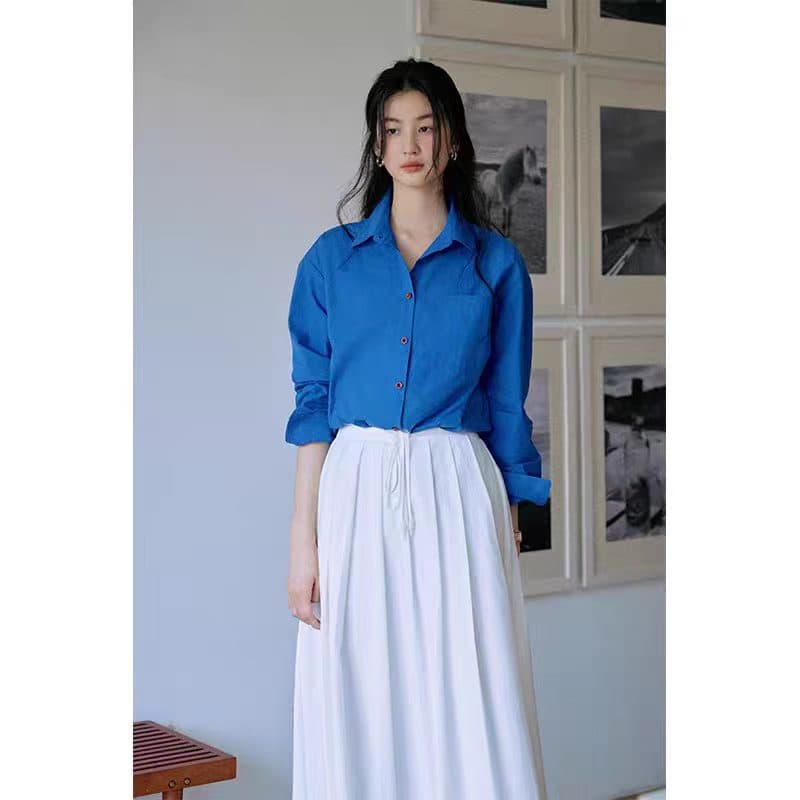 선원 주간 이후 트임 더블 색상 자수 클래식 여성 셔츠 봄 순면 루즈핏 맨위 상세 이미지 6