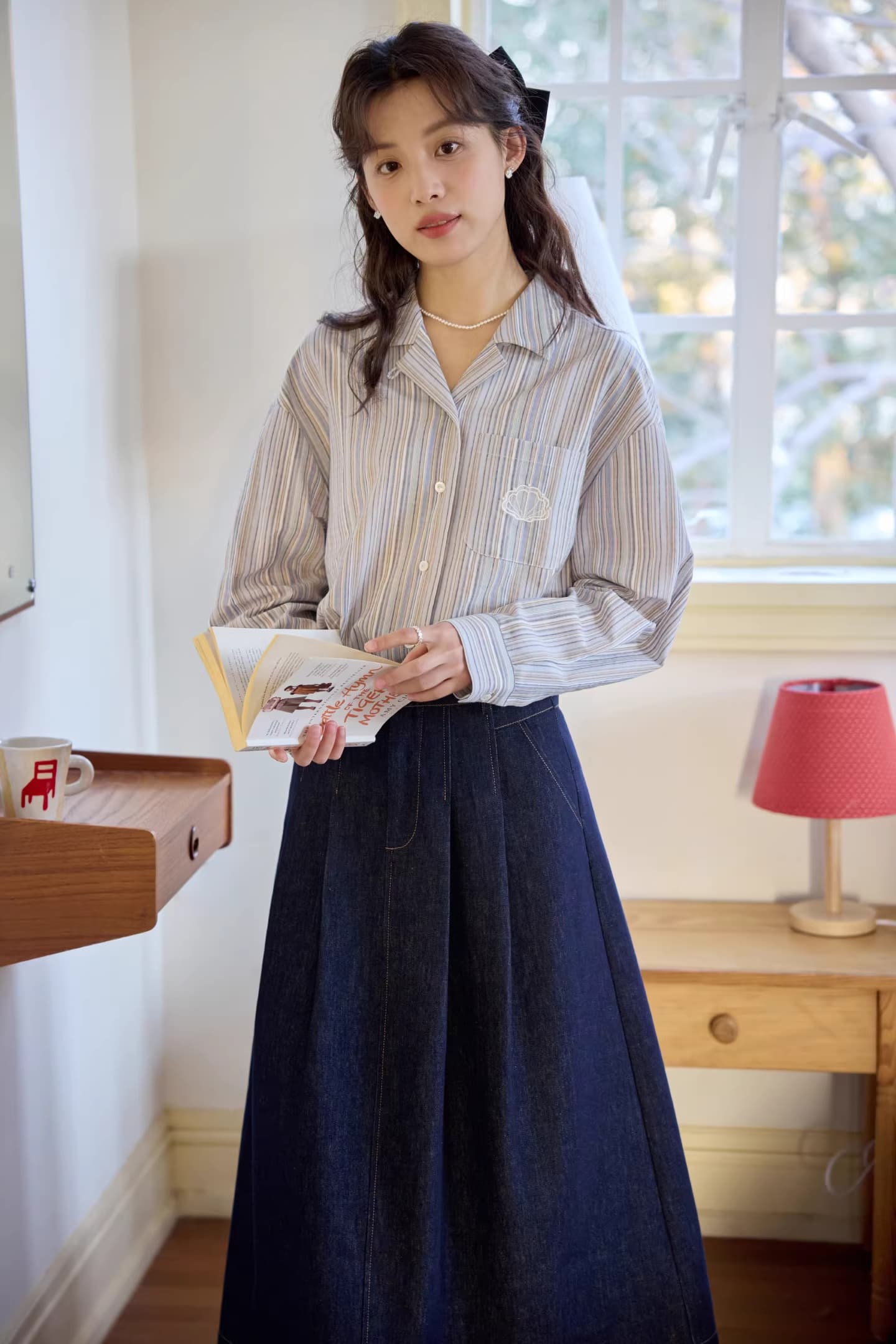 캐주얼 쿠바 칼라 무거운 작업 레이스 패치 자수 긴팔 셔츠 상세 이미지 2