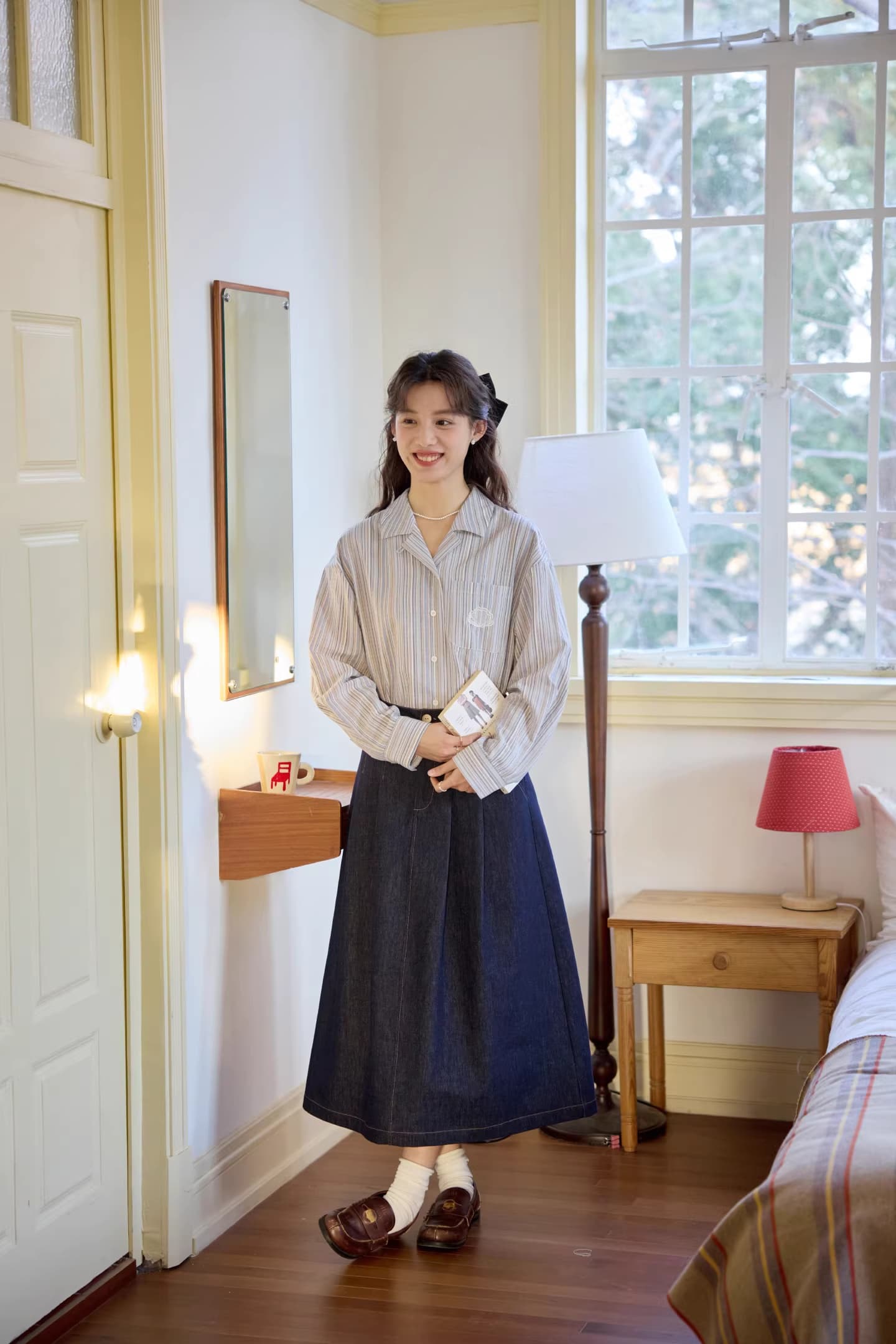 캐주얼 쿠바 칼라 무거운 작업 레이스 패치 자수 긴팔 셔츠 상세 이미지 3