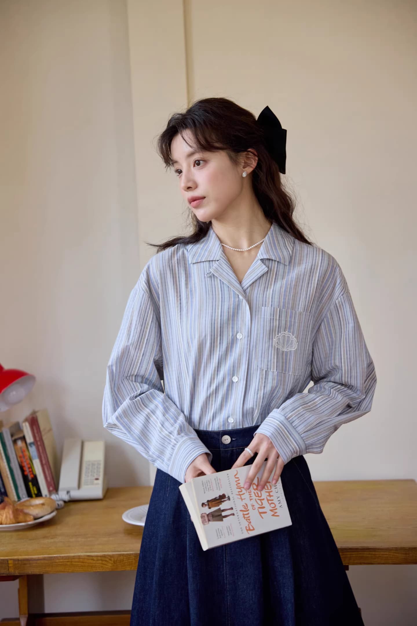 캐주얼 쿠바 칼라 무거운 작업 레이스 패치 자수 긴팔 셔츠 상세 이미지 11