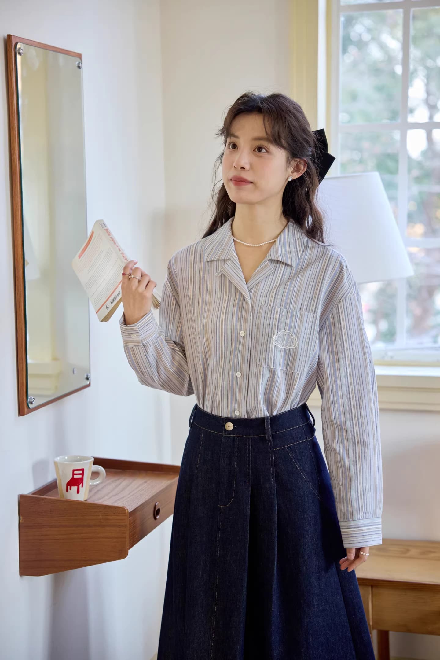 캐주얼 쿠바 칼라 무거운 작업 레이스 패치 자수 긴팔 셔츠 상세 이미지 12