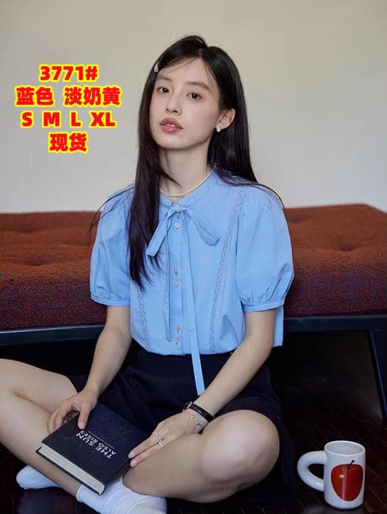 레이스업 레이스 패치워크 셔츠 거품 소매 디자인 센스 셔츠 여성용 짧은 소매 맨위 여름