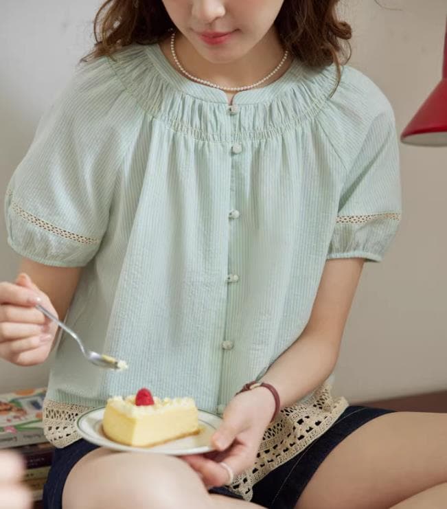 프랑스식 주름 라운드 넥 작은 셔츠 레이스 스트라이프 셔츠 여성용 짧은 소매 여름 얇은 스타일 맨위 상세 이미지 1
