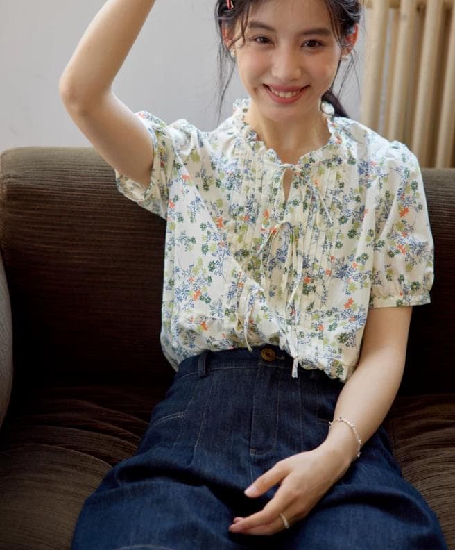 꽃무늬 여성 셔츠 여름 새로운 프랑스식 프릴 나비 넥타이 작은 셔츠 맨위 이미지 4