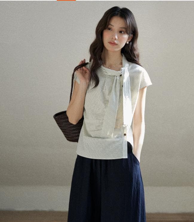 일상 세로 줄무늬 반팔 여성 셔츠 여름 면 소재 비대칭 디자인 센스 리본 칼라 심지어 어깨 소매 맨위 상세 이미지 1