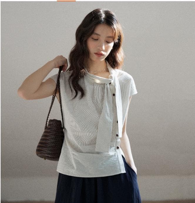 일상 세로 줄무늬 반팔 여성 셔츠 여름 면 소재 비대칭 디자인 센스 리본 칼라 심지어 어깨 소매 맨위 상세 이미지 2