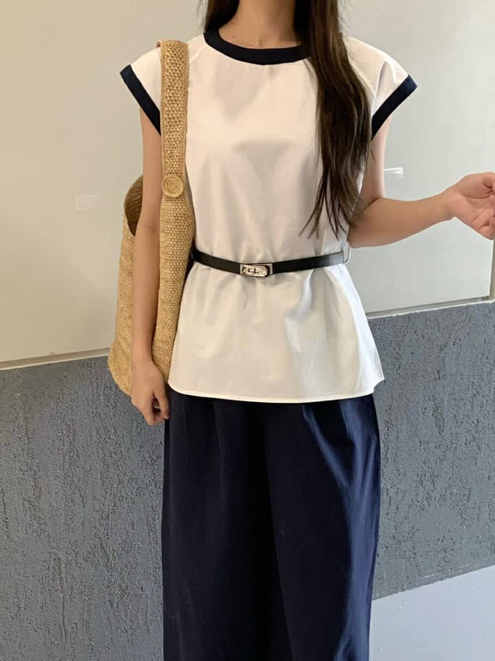 물리적 인지도 있음 업데이트 한 부서 라운드 넥 패치워크 색상 민소매 벨트 포함 작은 셔츠 여성 상세 이미지 3