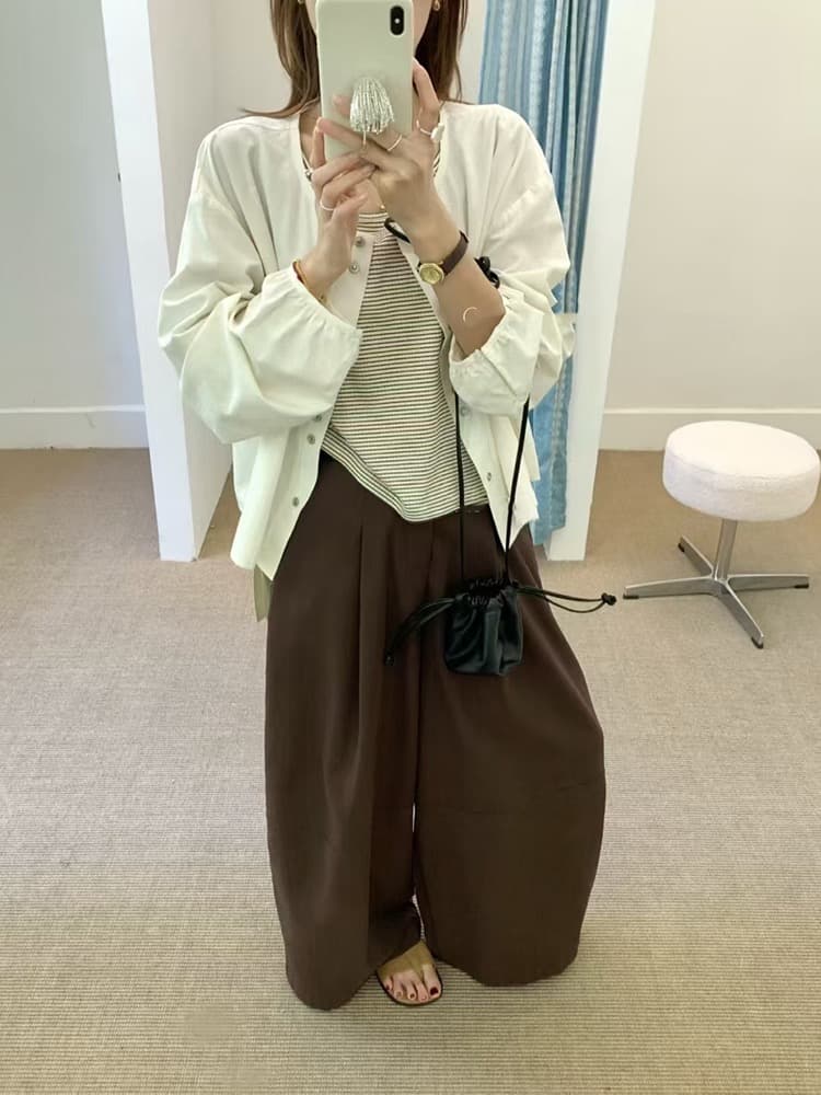 물리적 인지도 있음 업데이트 디자인 센스 라운드 넥 긴팔 짧은 외투 인사이드 가져 가라. 스트라이프 캐미솔 세트 8151 상세 이미지 3